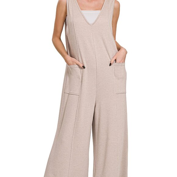 FRENCH TERRY DEEP V-NECK JUMPSUITS | Ash Mocha - Picture 2 of 5
